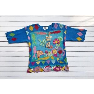 vtg blue‎ rainbow fish crocheted embroidered novelty short sleeve sweater